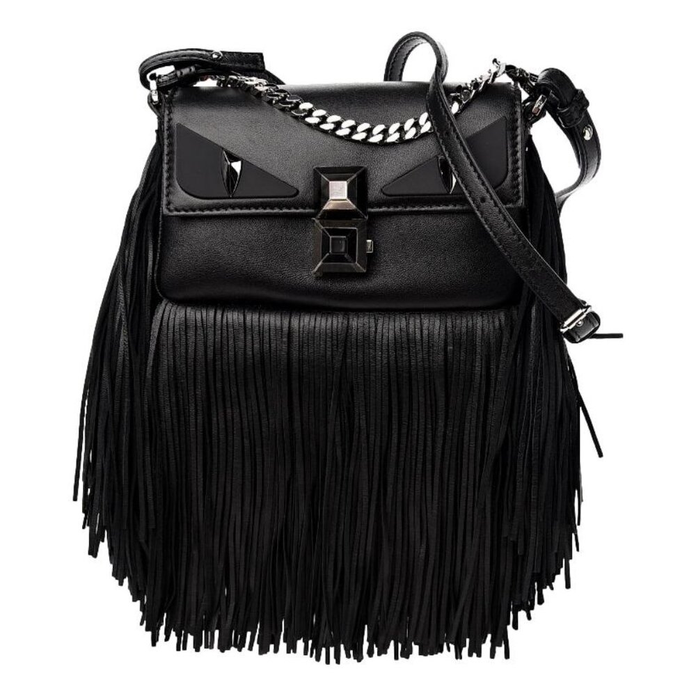 Fendi Nappa Leather Monster Micro Baguette Fringe Crossbody Bag Black Authentic